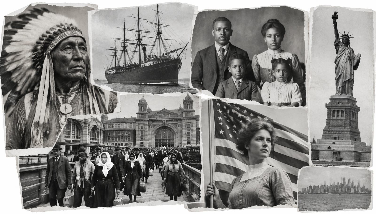 Collage of historic photographs: an Indigenous elder, a sailing ship, an African American family, immigrants arriving, a woman with the flag, and the Statue of Liberty
